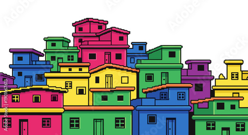 Colorful urban houses in pop art style against a white background