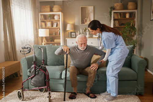 Bild auf Leinwand An elderly man is sitting on a couch while a home health nurse helps him stand
