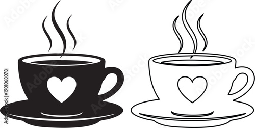 Black and white coffee cups with heart shapes on them silhouettes steaming hot