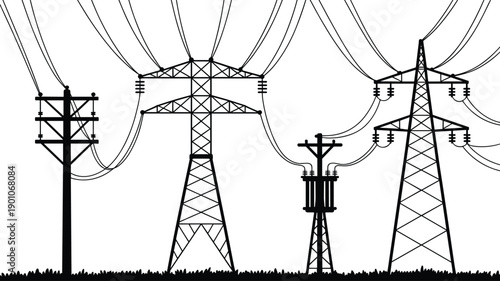 High voltage power transmission towers and utility poles illustration showing electrical grid infrastructure, energy distribution lines, and industrial electricity network silhouette on white 