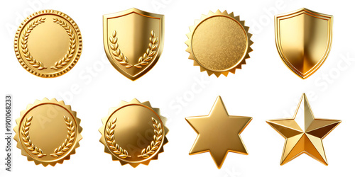 A collection of golden badges shields stars and laurels arranged in a grid on transparent background high quality professional detailed modern