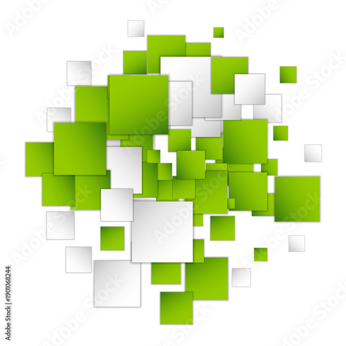 Abstract central composition with dynamic green and white squares and shadows. png