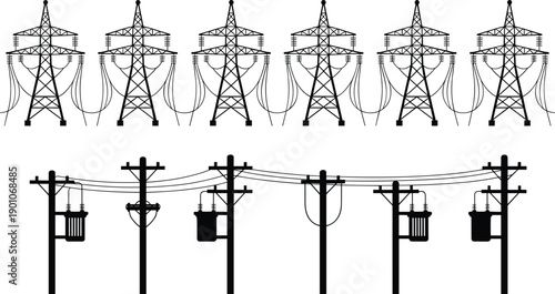 High voltage power transmission towers and electric utility poles with transformers, overhead cables and distribution lines, isolated vector illustration representing modern