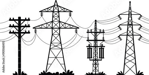 High voltage power transmission towers and utility poles illustration showing electrical grid infrastructure, energy distribution lines, electricity supply network concept in clean vector style