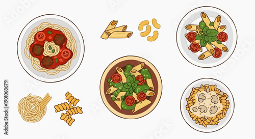 Graphic illustration of various Italian dishes displayed on plates and bowls, showcasing pasta and vegetables from a top-down viewpoint