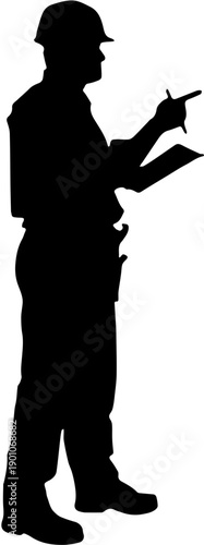 Full body silhouette of a construction worker standing and holding a clipboard or tool.
