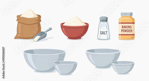 Baking Essentials Including Flour, Salt, and Powder in Various Containers on a Clean Surface