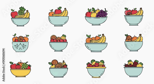 Assorted fruits in bowls, arranged in a grid pattern, illustration of various fruits in containers, healthy food, nutrition, culinary art displayed in a neat layout