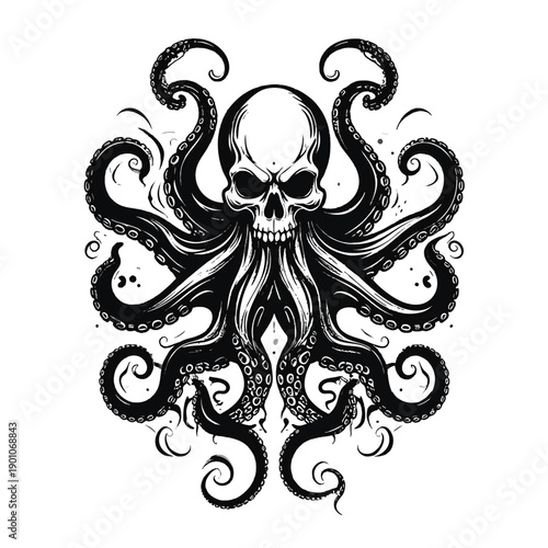 Black and white illustration of an octopus with a skull for a head