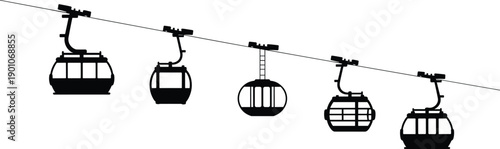Cable car gondola lift silhouette on mountain ropeway line, winter tourism transportation illustration for ski resorts, travel destinations, adventure sports, and outdoor recreation projects