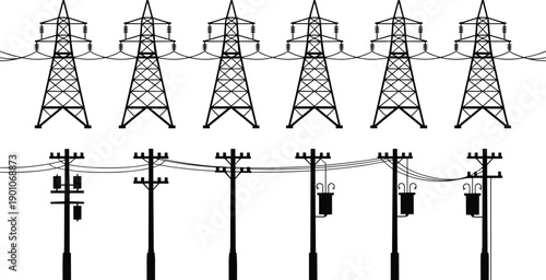 High voltage power transmission towers and utility poles illustration showing electrical grid infrastructure, energy distribution network, overhead lines, industrial electricity concept on 