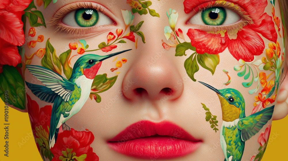 Fototapeta premium Avant-garde makeup art featuring floral elements and hummingbirds painted on a woman’s flawless facial skin. Surreal beauty portrait blending nature, fashion, and artistic expression.