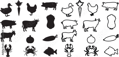 Black and white farm animal vegetable seafood silhouettes farm animals