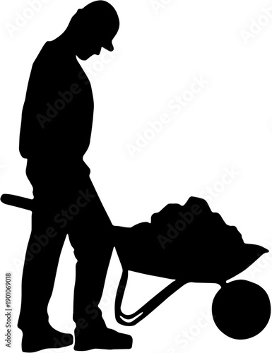 Silhouette of a construction worker pushing a wheelbarrow full of materials