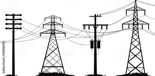 High voltage power transmission towers and utility poles silhouette with overhead electric lines, illustrating electricity distribution infrastructure, energy network,