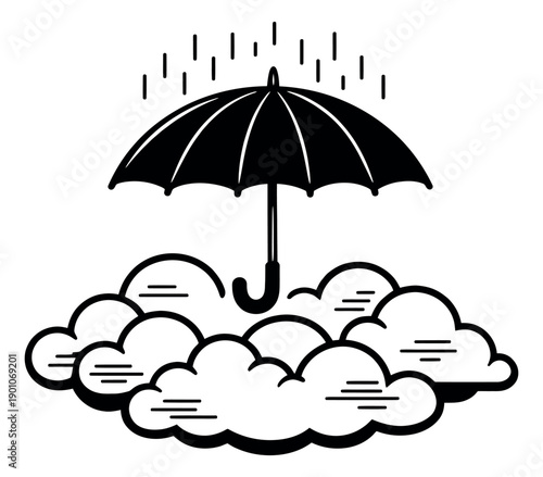 Line art illustration of an umbrella with falling rain and clouds depicting protection from bad weather for weather related designs