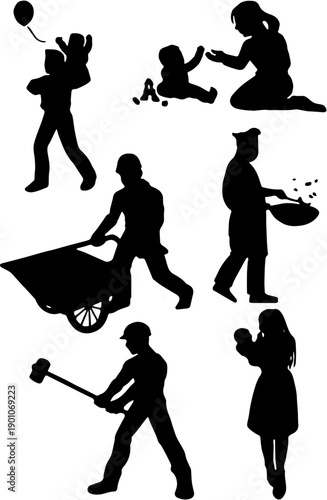 Collection of people silhouettes with various professions and family activities