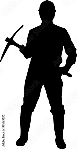 Silhouette of Miner or Construction Worker Holding a Pickaxe Tool