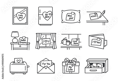 Romantic notes line icons set