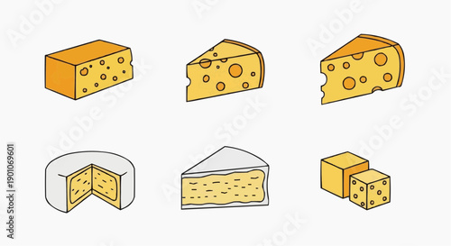 Assorted cheese wedges and blocks, some with holes, in various orientations, depicted in simple illustrations from a straightforward viewpoint, referencing img_sauj99_fx.svg