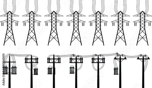 High voltage power transmission towers and utility poles with overhead electrical cables, industrial energy infrastructure vector illustration for electricity distribution, grid network, engineering, 