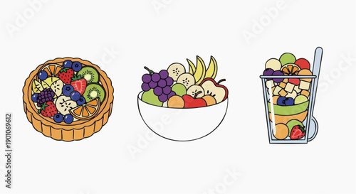 Fresh fruit arrangements in various containers, including a wicker basket and a tall glass, viewed from directly above.