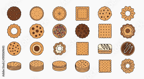 Assorted cookies and biscuits arranged neatly on a white background from a top-down viewpoint