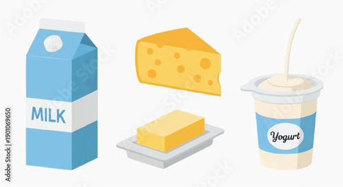 Dairy products including milk, cheese, and yogurt displayed on a clean background from a straightforward viewpoint