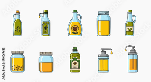 Assorted bottles and jars filled with oil products displayed in a grid arrangement on a plain surface