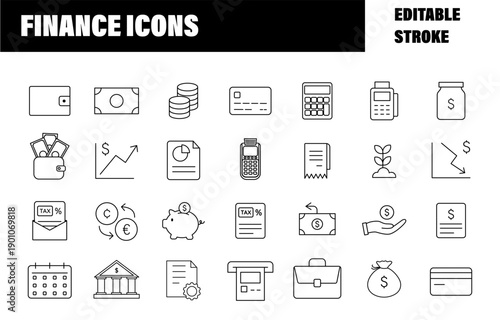 Set of finance icons. Editable stroke. Business web outlined icons.