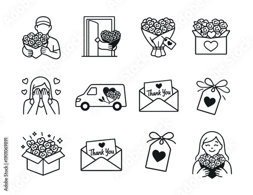 Flower delivery and gratitude line illustrations