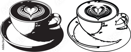 Black and white of two coffee cups with heart black and white silhouettes beverage