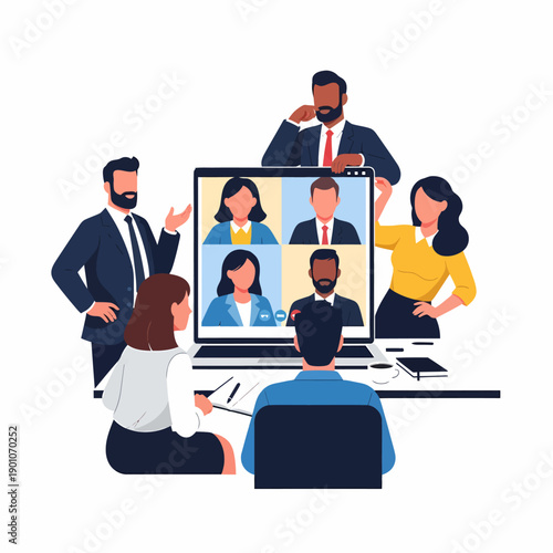 Diverse business team conducting a hybrid video conference, combining in-person and remote participants for efficient online collaboration and communication in a modern corporate setting