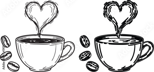 Black and white of two coffee cups with heart steam and coffee beans