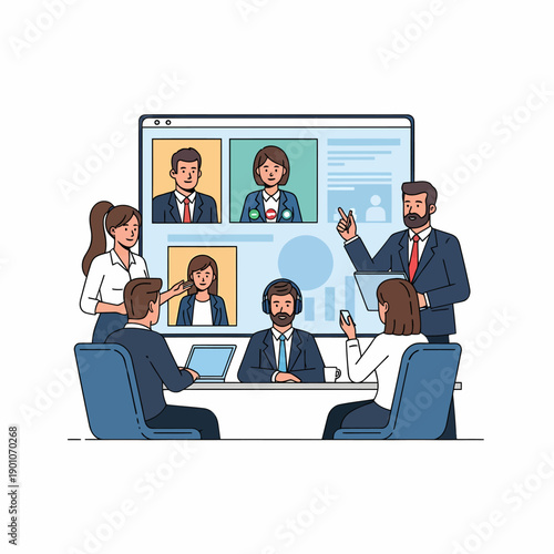 Business meeting with video conference calls, brainstorming and collaboration in a modern office environment