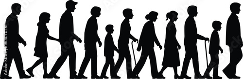 Human life cycle silhouette illustration showing people aging from child to senior walking forward, generational progression, family timeline concept isolated on white background