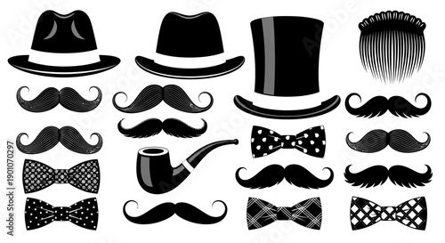 A collection of black and white illustrations of gentleman's accessories including hats, mustaches, bow ties, and a pipe.