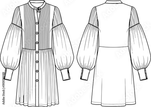 Women pleated dress technical fashion illustration showing front and back views with long puff sleeves buttons and waist seam isolated on white background