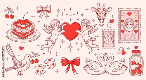A charming collection of Valentine's Day themed illustrations featuring cherubs, swans, a giraffe, cake, and cherries.