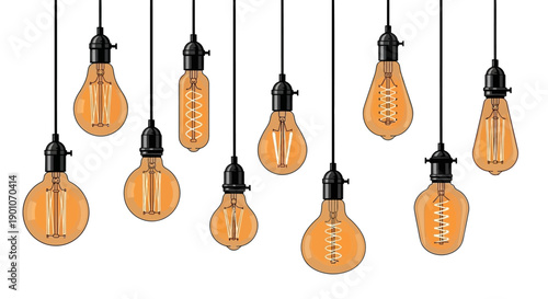 A collection of ten vintage Edison incandescent light bulbs hanging from black cords against a white background.