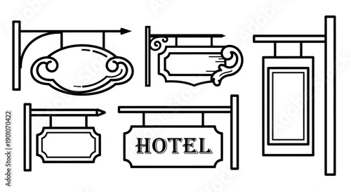 A collection of vintage-style hanging signs, including ornate and simple designs, suitable for businesses or establishments.