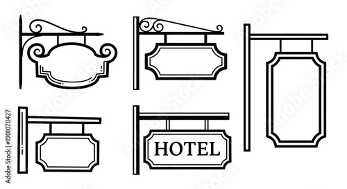 A collection of five different styles of vintage hanging signs, some blank and one labeled 'HOTEL', rendered in a black and white line art illustration.