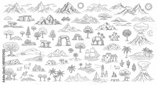 A comprehensive collection of hand-drawn natural and man-made landscape elements, including mountains, volcanoes, trees, buildings, and ancient structures.