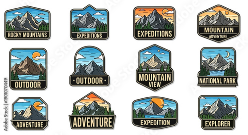 Collection of stylized mountain landscape badges and emblems for outdoor adventure and exploration themes.
