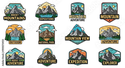 Collection of stylized mountain adventure badges and emblems featuring various landscapes and outdoor activities.