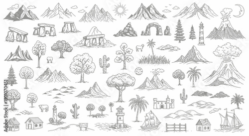A comprehensive collection of hand-drawn landscape elements, including mountains, volcanoes, trees, buildings, and natural formations.