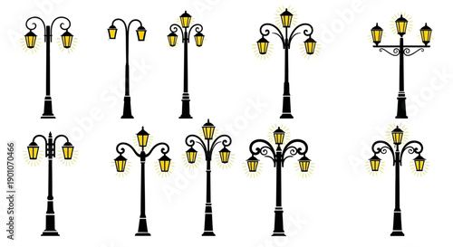 Collection of ornate vintage street lamps with multiple light fixtures on white background.