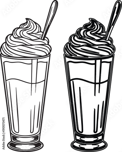 Black and white of two milkshakes with whipped cream and spoons glass