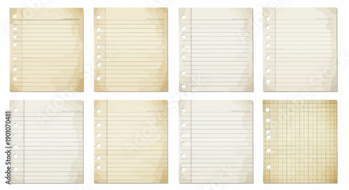 A collection of eight vintage-style lined and grid paper sheets with a worn, aged appearance.