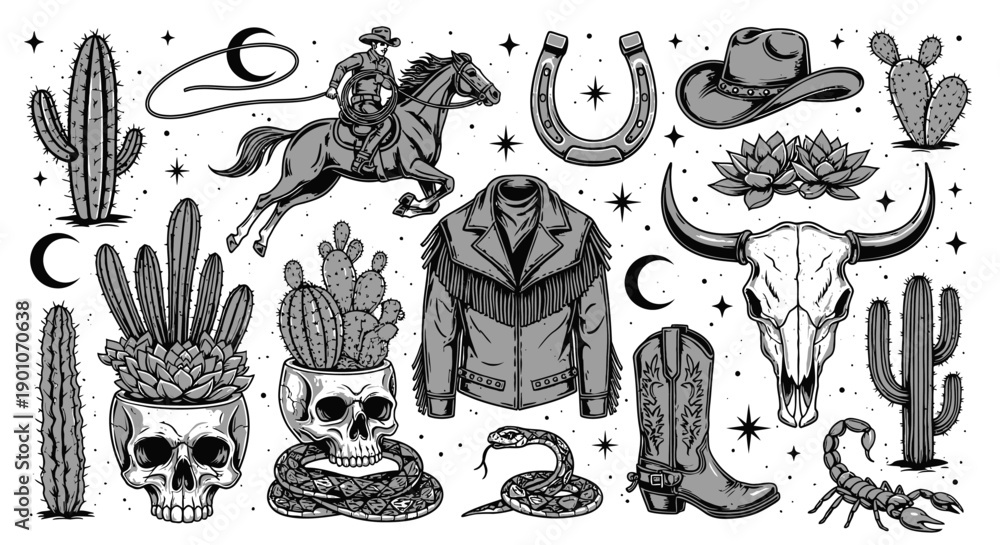 Fototapeta premium A collection of Western-themed illustrations featuring a cowboy on horseback, cacti, a bull skull, a cowboy hat, boots, and a snake.